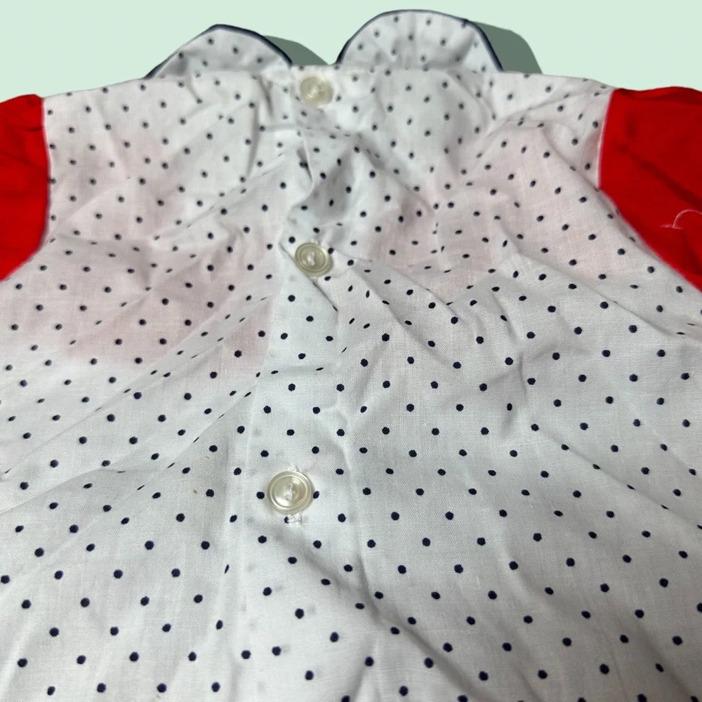 Vintage Baby Cotton Candy Red White Blue Two Piece Set Polka Dot Rose Detail